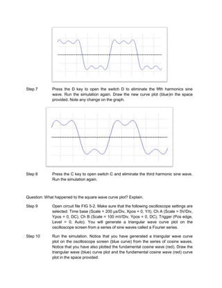 Step 7        Press the D key to open the switch D to eliminate the fifth harmonics sine
              wave. Run the simulation again. Draw the new curve plot (blue)in the space
              provided. Note any change on the graph.




Step 8        Press the C key to open switch C and eliminate the third harmonic sine wave.
              Run the simulation again.



Question: What happened to the square wave curve plot? Explain.

Step 9        Open circuit file FIG 5-2. Make sure that the following oscilloscope settings are
              selected: Time base (Scale = 200 µs/Div, Xpos = 0, Y/t), Ch A (Scale = 5V/Div,
              Ypos = 0, DC), Ch B (Scale = 100 mV/Div, Ypos = 0, DC), Trigger (Pos edge,
              Level = 0, Auto). You will generate a triangular wave curve plot on the
              oscilloscope screen from a series of sine waves called a Fourier series.

Step 10       Run the simulation. Notice that you have generated a triangular wave curve
              plot on the oscilloscope screen (blue curve) from the series of cosine waves.
              Notice that you have also plotted the fundamental cosine wave (red). Draw the
              triangular wave (blue) curve plot and the fundamental cosine wave (red) curve
              plot in the space provided.
 