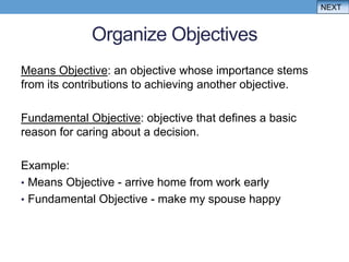 NEXT


             Organize Objectives
Means Objective: an objective whose importance stems
from its contributions to achieving another objective.

Fundamental Objective: objective that defines a basic
reason for caring about a decision.

Example:
• Means Objective - arrive home from work early
• Fundamental Objective - make my spouse happy
 