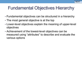 NEXT


  Fundamental Objectives Hierarchy
• Fundamental objectives can be structured in a hierarchy
• The most general objective is at the top
• Lower-level objectives explain the meaning of upper-level
  objectives
• Achievement of the lowest-level objectives can be
  measured using “attributes” to describe and evaluate the
  various options
 