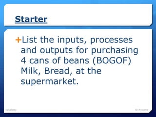 Starter
List the inputs, processes
and outputs for purchasing
4 cans of beans (BOGOF)
Milk, Bread, at the
supermarket.
25/11/2015 ICT Systems
 