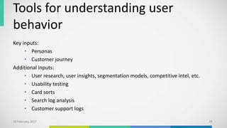 Tools for understanding user
behavior
Key inputs:
• Personas
• Customer journey
Additional inputs:
• User research, user insights, segmentation models, competitive intel, etc.
• Usability testing
• Card sorts
• Search log analysis
• Customer support logs
10 February 2017 29
 