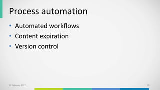 Process automation
• Automated workflows
• Content expiration
• Version control
10 February 2017 75
 