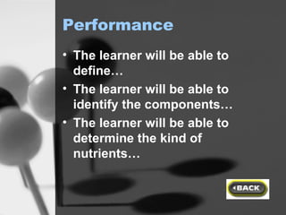 Performance The learner will be able to define… The learner will be able to identify the components… The learner will be able to determine the kind of nutrients… 