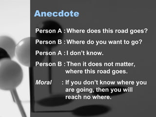 Anecdote Person A : Where does this road goes? Person B : Where do you want to go? Person A : I don’t know. Person B : Then it does not matter, where this road goes. Moral   : If you don’t know where you are going, then you will reach no where. 