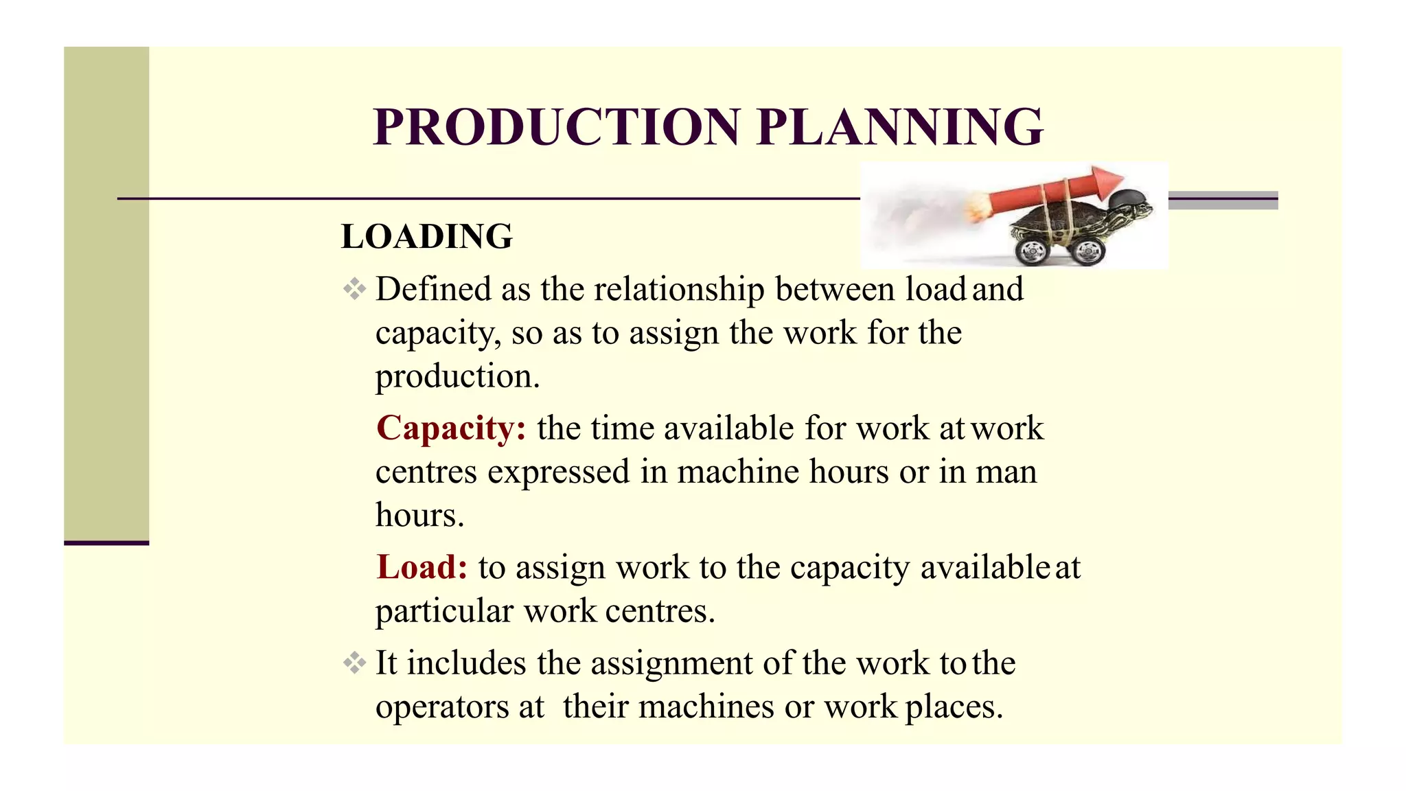 PRODUCTION PLANNING
LOADING
 Defined as the relationship between loadand
capacity, so as to assign the work for the
production.
Capacity: the time available for work atwork
centres expressed in machine hours or in man
hours.
Load: to assign work to the capacity availableat
particular work centres.
 It includes the assignment of the work tothe
operators at their machines or work places.
 