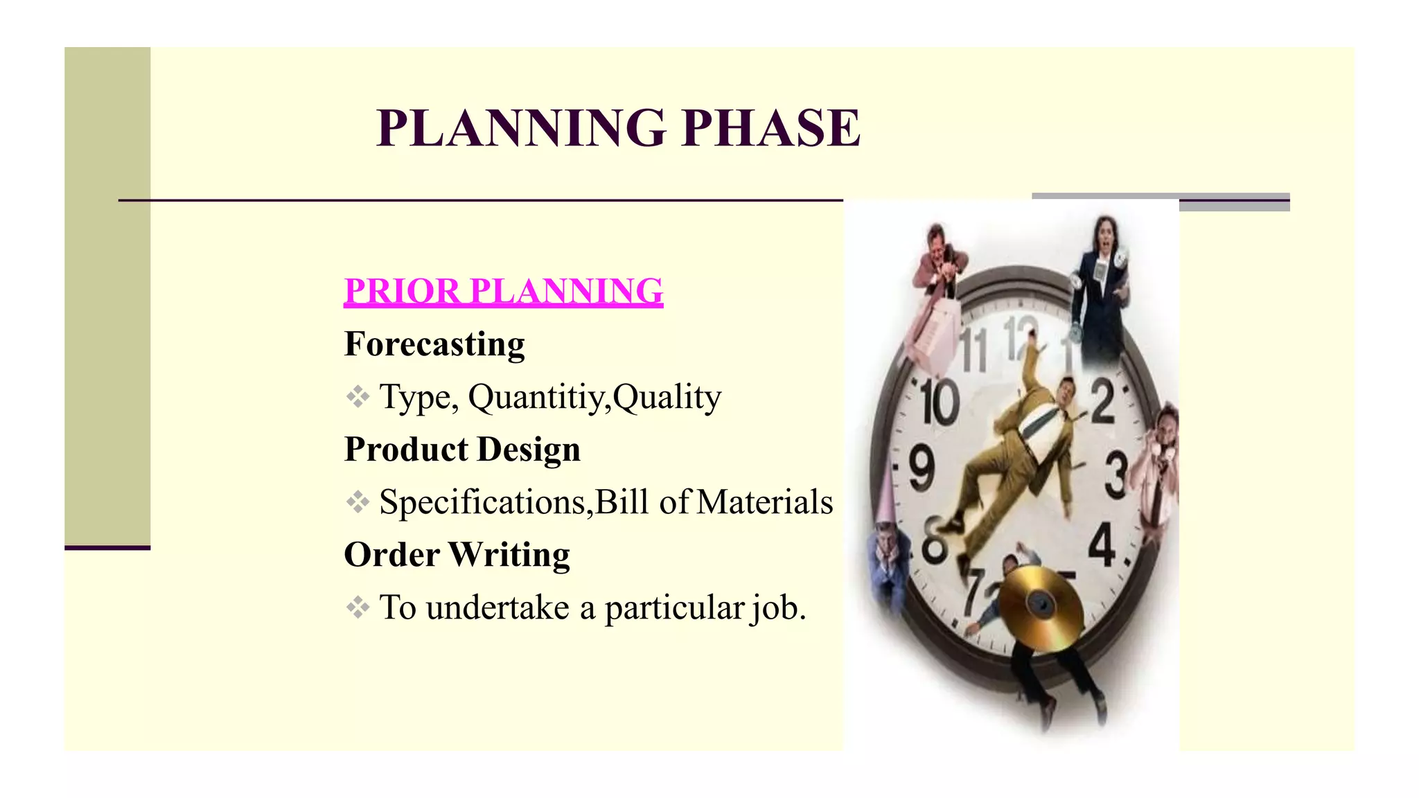 PLANNING PHASE
PRIOR PLANNING
Forecasting
 Type, Quantitiy,Quality
Product Design
 Specifications,Bill of Materials
Order Writing
 To undertake a particular job.
 