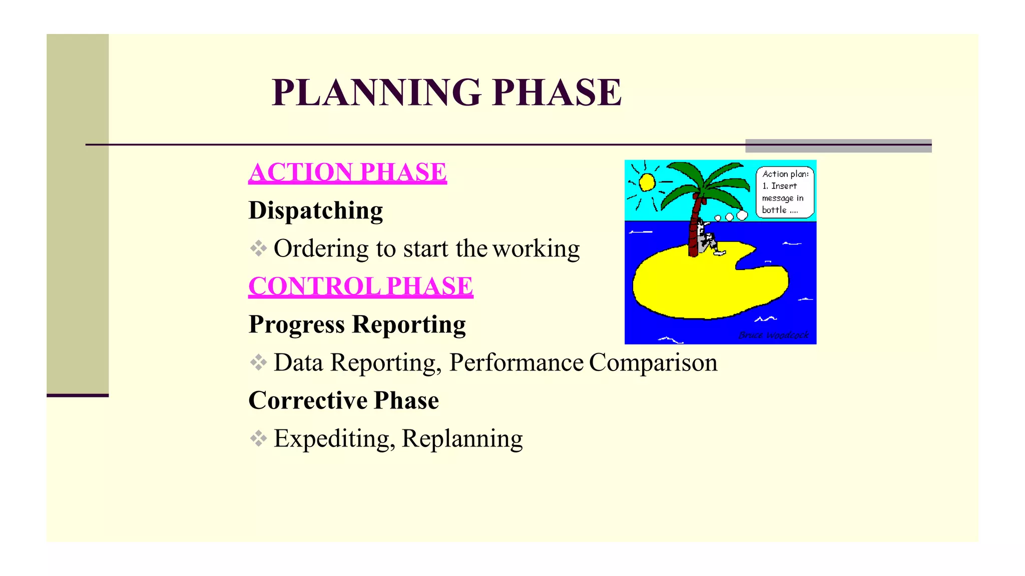 PLANNING PHASE
ACTION PHASE
Dispatching
 Ordering to start the working
CONTROL PHASE
Progress Reporting
 Data Reporting, Performance Comparison
Corrective Phase
 Expediting, Replanning
 
