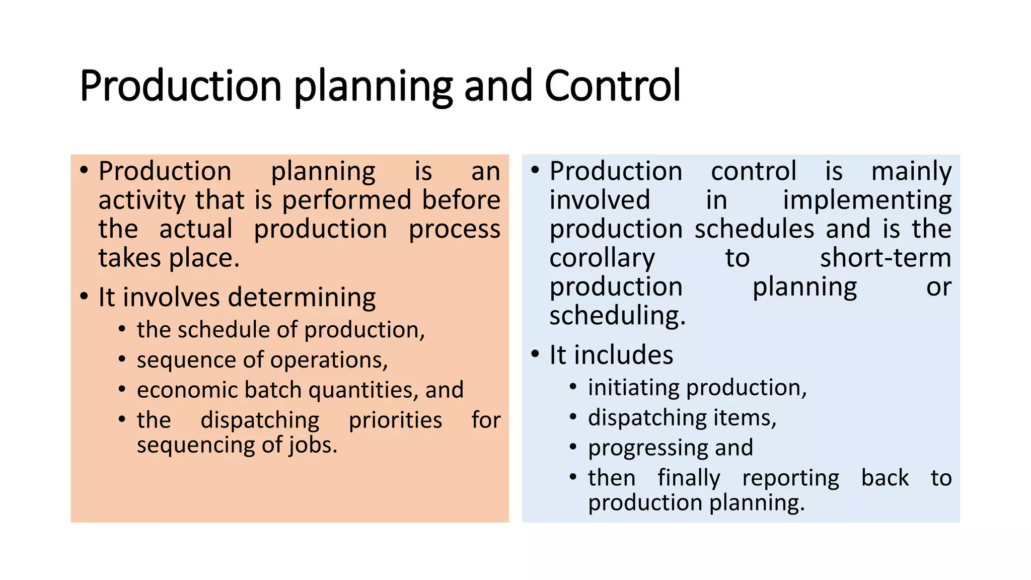 Production planning and Control
• Production planning is an
activity that is performed before
the actual production process
takes place.
• It involves determining
• the schedule of production,
• sequence of operations,
• economic batch quantities, and
• the dispatching priorities for
sequencing of jobs.
• Production control is mainly
involved in implementing
production schedules and is the
corollary to short-term
production planning or
scheduling.
• It includes
• initiating production,
• dispatching items,
• progressing and
• then finally reporting back to
production planning.
 
