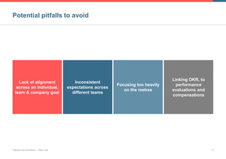 Potential pitfalls to avoid
Objectives and Key Results | Goldin Jose 10
Lack of alignment
across an individual,
team & company goal
Inconsistent
expectations across
different teams
Focusing too heavily
on the metres
Linking OKR, to
performance
evaluations and
compensations
 