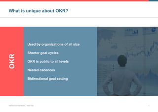 What is unique about OKR?
Objectives and Key Results | Goldin Jose 7
Used by organizations of all size
Shorter goal cycles
OKR is public to all levels
Nested cadences
Bidirectional goal setting
OKR
 