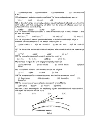 (a) pure capacitive (b) pure resistive (c) pure inductive (d) a combination of
R & C
106 At Brewster’s angle the reflection coefficient “Rv” for vertically polarized wave is:
(a) >>1 (b) 1 (c) <<1 (d) 0
107 At Brewster’s angle for vertically polarized wave the phase of reflected wave, from the
earth surface with finite conductivity will differ from the phase of reflected wave from a
surface with infinite conductivity by:
(a) 1800
(b) 900
(c) 450
(d) 00
108 The earth is normally considered to be flat if the distance (d, in miles) between Tx and
Rx does not exceed:
(a) 50/(fMHz)1/4
(b) 50/(fMHz)1/2
(c) 50/(fMHz)1/3
(d) 50/(fMHz)
109 The roughness of earth is generally estimated in terms of conductivity , angle of
incidence  and wavelength  by the Raleigh criterion given by:
(a) R = 4 sin  /  (b) R = 4   sin  /  (c) R = 4   sin  (d) R = 4   sin  /

110 The ionosphere and the earth both act as good reflectors especially in the lower range
of:
(a) VHF (b) HF (c) MF (d) VLF
111 The troposphere extends from earth surface to a height of:
(a) 5 Km (b) 15 Km (c) 50 Km (d) 90 Km
112 Radiated energy in the UHF range propagate by means of:
(a) ground waves (b) sky waves (c) surface waves (d) space
waves
113 Tropospheric scatter is used with frequency in the range of:
(a) VLF (b) HF (c) VHF (d) UHF
114 The temperature of troposphere decreases with height at an average rate of:
(a) 2 degree/km (b) 4 degree/km (c) 6 degree/km (d) 8
degree/km
115 The phenomenon of super refraction occurs only when dM/dh is:
(a) Negative (b) Zero (c) Positive (d) infinite
116 In FIG.C four different paths are adopted by rays for different refractive index variations.
The ray for the condition dM / dh = 0 is:
(a) a (b) b (c) c (d) d
FIG.C
 