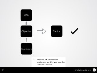 productpanda.com27
KPIs
Objective Tactics
Requirements
✓
• Objectives and the associated
requirements and KPIs should come first.
Tactics are a response.
 