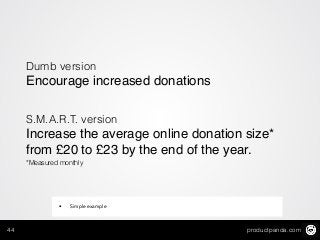 productpanda.com44
Dumb version
Encourage increased donations!
!
S.M.A.R.T. version
Increase the average online donation size*
from £20 to £23 by the end of the year.!
*Measured monthly
• Simple example
 