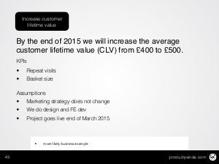 productpanda.com45
By the end of 2015 we will increase the average
customer lifetime value (CLV) from £400 to £500.
KPIs
• Repeat visits
• Basket size
 
Assumptions
• Marketing strategy does not change
• We do design and FE dev
• Project goes live end of March 2015
Increase customer
lifetime value
• more likely business example
 