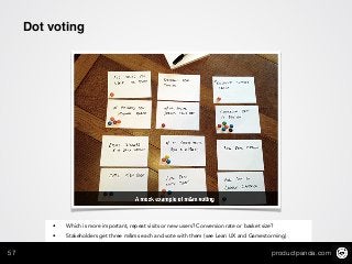 productpanda.com57
Dot voting
• Which is more important, repeat visits or new users? Conversion rate or basket size?
• Stakeholders get three m&ms each and vote with them (see Lean UX and Gamestorming)
 
