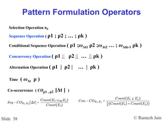 © Ramesh JainSlide 38
Pattern Formulation Operators
Selection Operation σP
Sequence Operation ( ρ1 ; ρ2 ; … ; ρk )
Conditional Sequence Operation ( ρ1 ;ωΔt1 ρ2 ;ωΔt2 … ; ωΔtk-1 ρk )
Concurrency Operation ( ρ1 ρ2 … ρk )
Alternation Operation ( ρ1 | ρ2 | … | ρk )
Time ( ωΔt ρ )
Co-occurrence ( COρ1 , ρ2 [Δt ] )
 