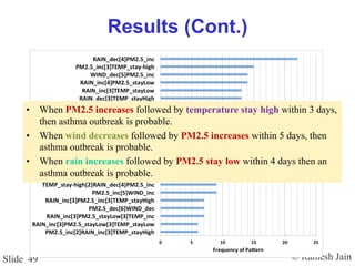 © Ramesh JainSlide 49
Results (Cont.)
•  When PM2.5 increases followed by temperature stay high within 3 days,
then asthma outbreak is probable.
•  When wind decreases followed by PM2.5 increases within 5 days, then
asthma outbreak is probable.
•  When rain increases followed by PM2.5 stay low within 4 days then an
asthma outbreak is probable.
 