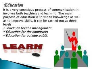 It is a very conscious process of communication. It
involves both teaching and learning. The main
purpose of education is to widen knowledge as well
as to improve skills. It can be carried out at three
levels:
Education for the management
Education for the employees
Education for outside public
Education
 