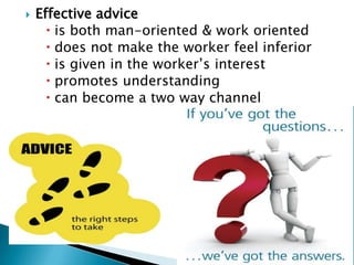  Effective advice
 is both man-oriented & work oriented
 does not make the worker feel inferior
 is given in the worker’s interest
 promotes understanding
 can become a two way channel
 
