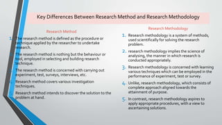 Key Differences Between Research Method and Research Methodology
Research Method
1. The research method is defined as the procedure or
technique applied by the researcher to undertake
research.
2. The research method is nothing but the behaviour or
tool, employed in selecting and building research
technique.
3. The research method is concerned with carrying out
experiment, test, surveys, interviews, etc.
4. Research method covers various investigation
techniques.
5. Research method intends to discover the solution to the
problem at hand.
Research Methodology
1. Research methodology is a system of methods,
used scientifically for solving the research
problem.
2. research methodology implies the science of
analysing, the manner in which research is
conducted appropriately.
3. Research methodology is concerned with learning
various techniques which can be employed in the
performance of experiment, test or survey.
4. Unlike, research methodology, which consists of
complete approach aligned towards the
attainment of purpose.
5. In contrast, research methodology aspires to
apply appropriate procedures, with a view to
ascertaining solutions.
 