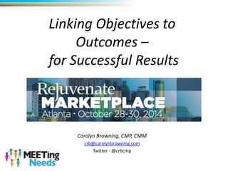 Linking Objectives to 
Outcomes – 
for Successful Results 
Carolyn Browning, CMP, CMM 
crb@carolynbrowning.com 
Twitter - @crbcmp 
 