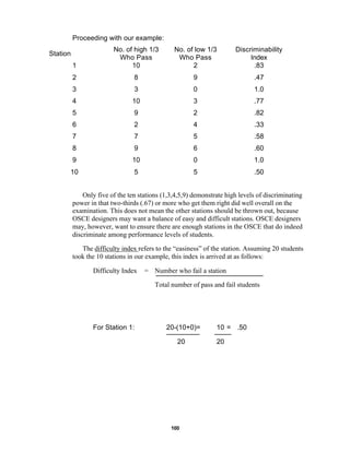 100
Proceeding with our example:
Station
No. of high 1/3
Who Pass
No. of low 1/3
Who Pass
Discriminability
Index
1 10 2 .83
2 8 9 .47
3 3 0 1.0
4 10 3 .77
5 9 2 .82
6 2 4 .33
7 7 5 .58
8 9 6 .60
9 10 0 1.0
10 5 5 .50
Only five of the ten stations (1,3,4,5,9) demonstrate high levels of discriminating
power in that two-thirds (.67) or more who get them right did well overall on the
examination. This does not mean the other stations should be thrown out, because
OSCE designers may want a balance of easy and difficult stations. OSCE designers
may, however, want to ensure there are enough stations in the OSCE that do indeed
discriminate among performance levels of students.
The difficulty index refers to the “easiness” of the station. Assuming 20 students
took the 10 stations in our example, this index is arrived at as follows:
Difficulty Index = Number who fail a station
Total number of pass and fail students
For Station 1: 20-(10+0)= 10 = .50
20 20
 
