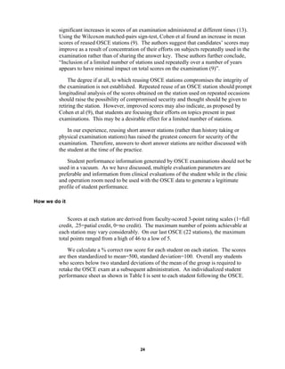 24
significant increases in scores of an examination administered at different times (13).
Using the Wilcoxon matched-pairs sign-test, Cohen et al found an increase in mean
scores of reused OSCE stations (9). The authors suggest that candidates’ scores may
improve as a result of concentration of their efforts on subjects repeatedly used in the
examination rather than of sharing the answer key. These authors further conclude,
“Inclusion of a limited number of stations used repeatedly over a number of years
appears to have minimal impact on total scores on the examination (9)”.
The degree if at all, to which reusing OSCE stations compromises the integrity of
the examination is not established. Repeated reuse of an OSCE station should prompt
longitudinal analysis of the scores obtained on the station used on repeated occasions
should raise the possibility of compromised security and thought should be given to
retiring the station. However, improved scores may also indicate, as proposed by
Cohen et al (9), that students are focusing their efforts on topics present in past
examinations. This may be a desirable effect for a limited number of stations.
In our experience, reusing short answer stations (rather than history taking or
physical examination stations) has raised the greatest concern for security of the
examination. Therefore, answers to short answer stations are neither discussed with
the student at the time of the practice.
Student performance information generated by OSCE examinations should not be
used in a vacuum. As we have discussed, multiple evaluation parameters are
preferable and information from clinical evaluations of the student while in the clinic
and operation room need to be used with the OSCE data to generate a legitimate
profile of student performance.
How we do it
Scores at each station are derived from faculty-scored 3-point rating scales (1=full
credit, .25=patial credit, 0=no credit). The maximum number of points achievable at
each station may vary considerably. On our last OSCE (22 stations), the maximum
total points ranged from a high of 46 to a low of 5.
We calculate a % correct raw score for each student on each station. The scores
are then standardized to mean=500, standard deviation=100. Overall any students
who scores below two standard deviations of the mean of the group is required to
retake the OSCE exam at a subsequent administration. An individualized student
performance sheet as shown in Table I is sent to each student following the OSCE.
 