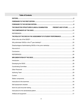 3
Table of Contents
EDITORS................................................................................................................................................2
FOREWARD TO THE FIRST EDITION ....................................................................................................7
FOREWARD TO THE SECOND EDITION................................................................................................8
THE OBJECTIVE STRUCTURED CLINICAL EXAMINATION: PRESENT AND FUTURE ..............9
THE COMPONENTS OF THE OSCE.....................................................................................................11
REFERENCES.....................................................................................................................................17
THE ROLE OF THE OSCE IN THE ASSESSMENT OF STUDENT PERFORMANCE ..............................18
What is the role of the OSCE?..............................................................................................................18
Why administer OSCEs in the 3rd
year clerkship? .................................................................................20
Disadvantages of administering OSCEs in the junior clerkships ............................................................23
How we do it.........................................................................................................................................24
Conclusions..........................................................................................................................................25
REFERENCES.....................................................................................................................................26
IMPLEMENTATION OF THE OSCE.......................................................................................................28
Introduction ..........................................................................................................................................28
Developing the OSCE...........................................................................................................................28
Coordinating Committee.......................................................................................................................28
Other Personnel ...................................................................................................................................29
Authoring Team....................................................................................................................................29
Content ................................................................................................................................................29
Station components..............................................................................................................................30
Instructions to the examinee.................................................................................................................30
Skill assessment checklist ....................................................................................................................30
Items for post encounter testing............................................................................................................30
Instructions for the standardized patient................................................................................................31
Artifacts and equipment........................................................................................................................31
 