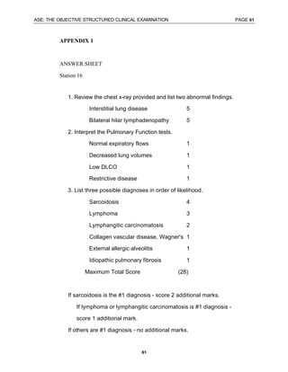 ASE: THE OBJECTIVE STRUCTURED CLINICAL EXAMINATION PAGE 61
61
APPENDIX 1
ANSWER SHEET
Station 16
1. Review the chest x-ray provided and list two abnormal findings.
Interstitial lung disease 5
Bilateral hilar lymphadenopathy 5
2. Interpret the Pulmonary Function tests.
Normal expiratory flows 1
Decreased lung volumes 1
Low DLCO 1
Restrictive disease 1
3. List three possible diagnoses in order of likelihood.
Sarcoidosis 4
Lymphoma 3
Lymphangitic carcinomatosis 2
Collagen vascular disease, Wagner's 1
External allergic alveolitis 1
Idiopathic pulmonary fibrosis 1
Maximum Total Score (28)
If sarcoidosis is the #1 diagnosis - score 2 additional marks.
If lymphoma or lymphangitic carcinomatosis is #1 diagnosis -
score 1 additional mark.
If others are #1 diagnosis - no additional marks.
 