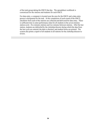 94
of the total group taking the OSCE that day. The spreadsheet workbook is
customized for the stations and students for each OSCE.
For data entry, a computer is located near the area for the OSCE and a data entry
person is designated for the task. At the completion of each round of the OSCE,
checklists from each of the stations are collected and delivered for data entry. There
is sufficient time to enter performance data for all students in the seven-minutes
station cycle - five minutes stations and two minutes between stations. After the last
station, students are debriefed by the clerkship director during which the data from
the last cycle are entered, the data is checked, and student forms are printed. The
system also prints a report of all students in all stations for the clerkship director to
review.
 