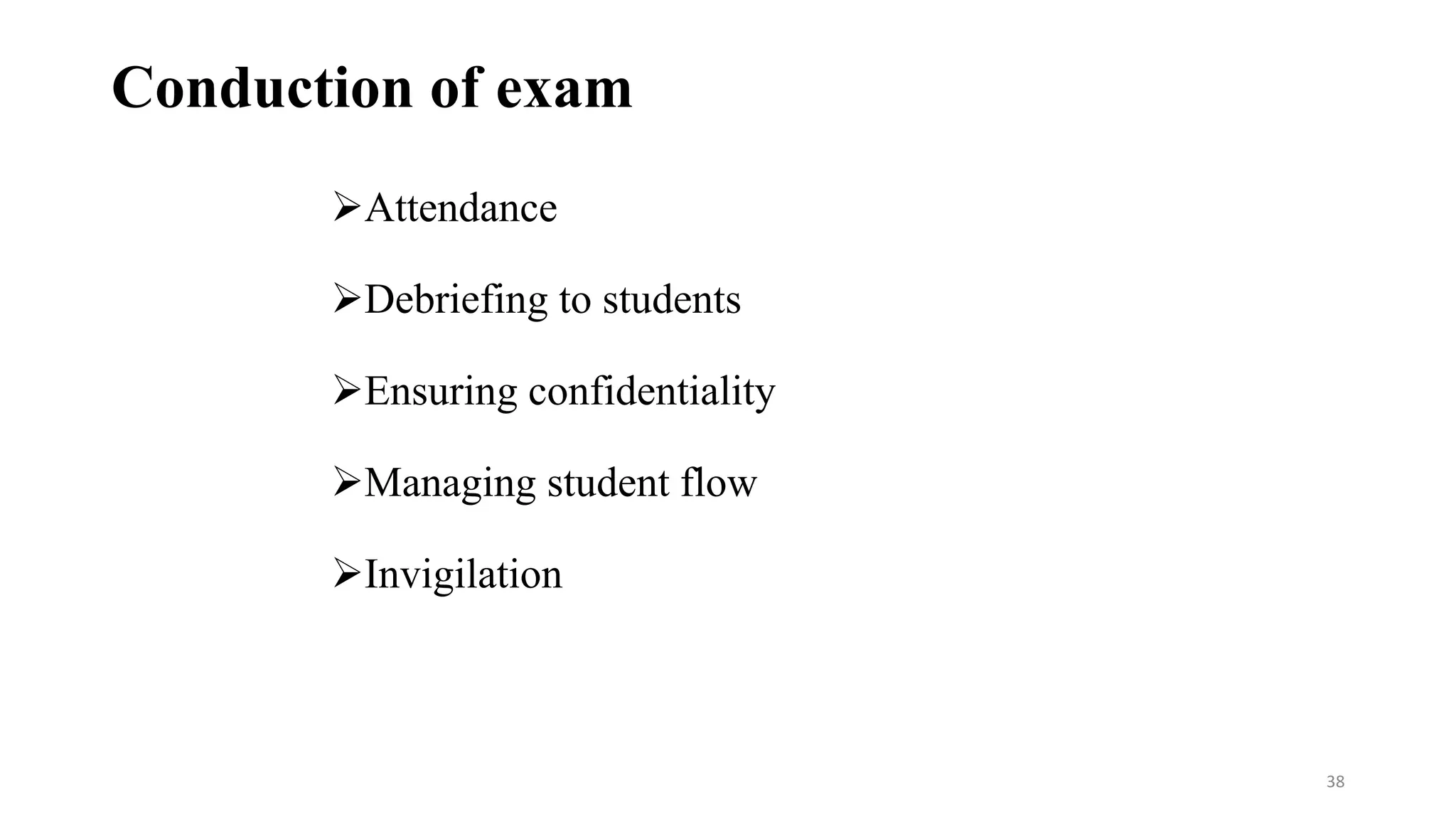 Conduction of exam
Attendance
Debriefing to students
Ensuring confidentiality
Managing student flow
Invigilation
38
 
