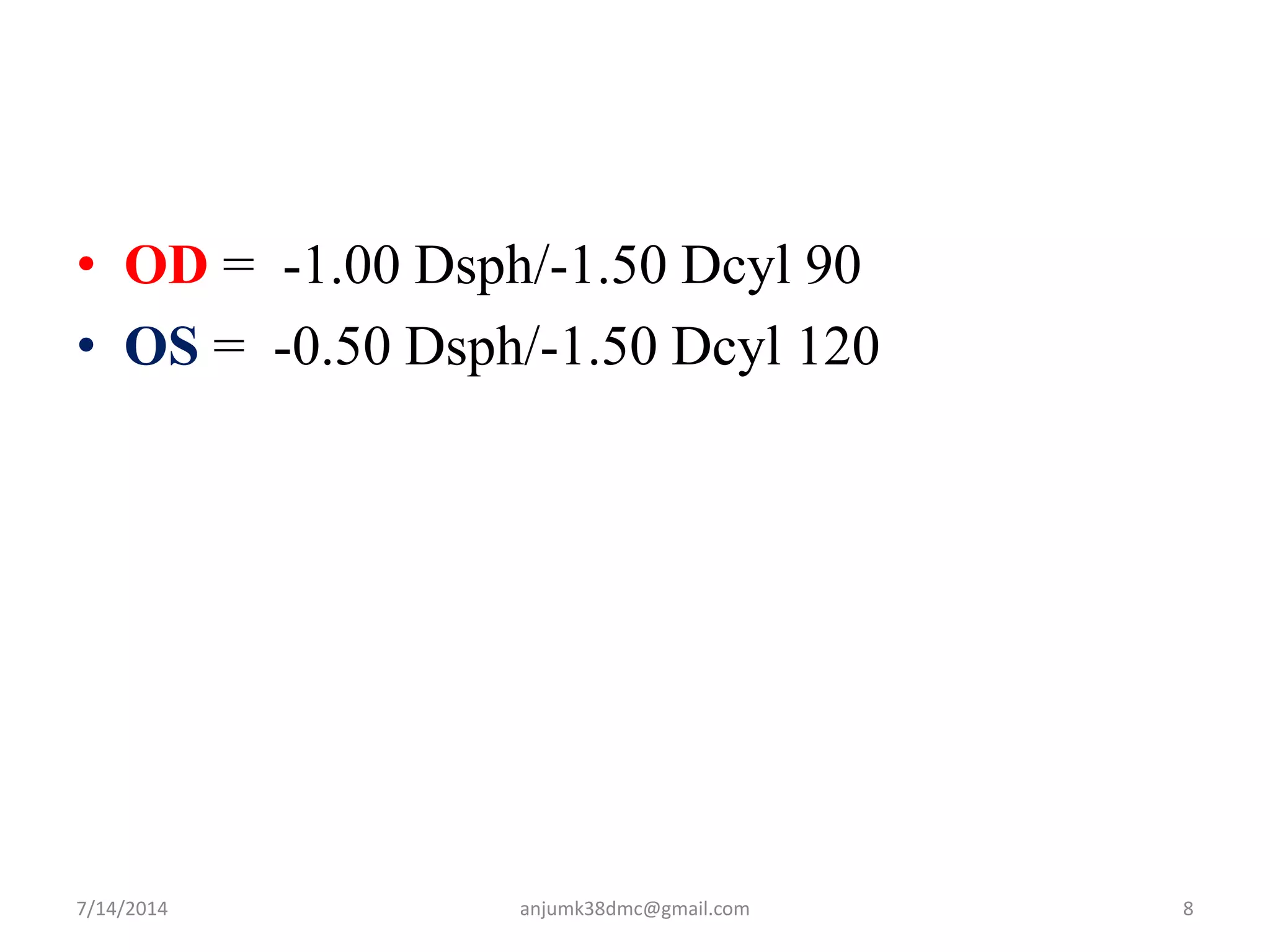 • OD = -1.00 Dsph/-1.50 Dcyl 90
• OS = -0.50 Dsph/-1.50 Dcyl 120
7/14/2014 8anjumk38dmc@gmail.com
 