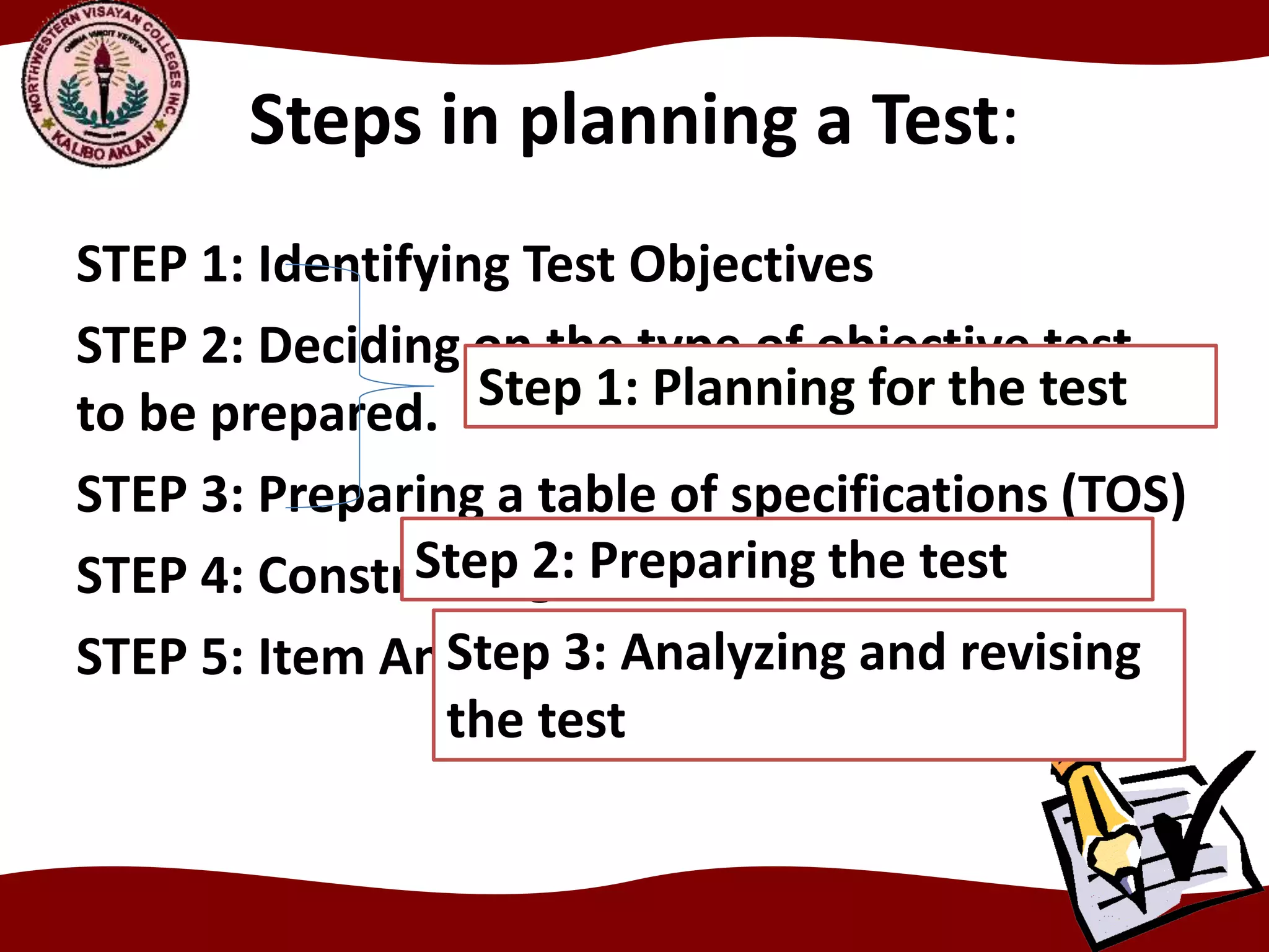 Steps in planning a Test:
STEP 1: Identifying Test Objectives
STEP 2: Deciding on the type of objective test
to be prepared.
STEP 3: Preparing a table of specifications (TOS)
STEP 4: Constructing the Test Items
STEP 5: Item Analysis and Try-out
Step 1: Planning for the test
Step 2: Preparing the test
Step 3: Analyzing and revising
the test
 