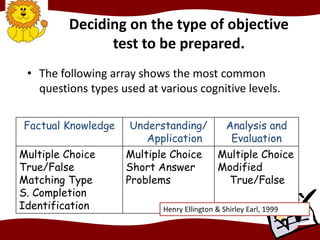 Deciding on the type of objective
test to be prepared.
• The following array shows the most common
questions types used at various cognitive levels.
Factual Knowledge Understanding/
Application
Analysis and
Evaluation
Multiple Choice
True/False
Matching Type
S. Completion
Identification
Multiple Choice
Short Answer
Problems
Multiple Choice
Modified
True/False
Henry Ellington & Shirley Earl, 1999
 