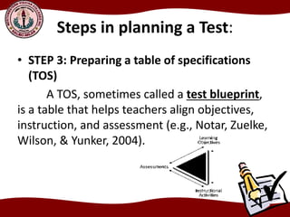 Steps in planning a Test:
• STEP 3: Preparing a table of specifications
(TOS)
A TOS, sometimes called a test blueprint,
is a table that helps teachers align objectives,
instruction, and assessment (e.g., Notar, Zuelke,
Wilson, & Yunker, 2004).
 