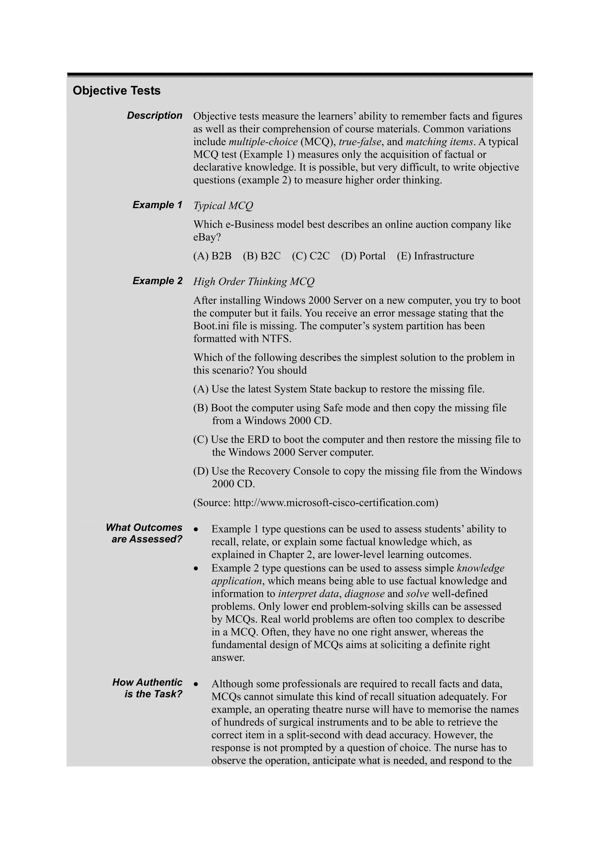 Objective Tests
Description Objective tests measure the learners’ ability to remember facts and figures
as well as their comprehension of course materials. Common variations
include multiple-choice (MCQ), true-false, and matching items. A typical
MCQ test (Example 1) measures only the acquisition of factual or
declarative knowledge. It is possible, but very difficult, to write objective
questions (example 2) to measure higher order thinking.
Example 1 Typical MCQ
Which e-Business model best describes an online auction company like
eBay?
(A) B2B (B) B2C (C) C2C (D) Portal (E) Infrastructure
Example 2 High Order Thinking MCQ
After installing Windows 2000 Server on a new computer, you try to boot
the computer but it fails. You receive an error message stating that the
Boot.ini file is missing. The computer’s system partition has been
formatted with NTFS.
Which of the following describes the simplest solution to the problem in
this scenario? You should
(A) Use the latest System State backup to restore the missing file.
(B) Boot the computer using Safe mode and then copy the missing file
from a Windows 2000 CD.
(C) Use the ERD to boot the computer and then restore the missing file to
the Windows 2000 Server computer.
(D) Use the Recovery Console to copy the missing file from the Windows
2000 CD.
(Source: http://www.microsoft-cisco-certification.com)
What Outcomes
are Assessed?
• Example 1 type questions can be used to assess students’ ability to
recall, relate, or explain some factual knowledge which, as
explained in Chapter 2, are lower-level learning outcomes.
• Example 2 type questions can be used to assess simple knowledge
application, which means being able to use factual knowledge and
information to interpret data, diagnose and solve well-defined
problems. Only lower end problem-solving skills can be assessed
by MCQs. Real world problems are often too complex to describe
in a MCQ. Often, they have no one right answer, whereas the
fundamental design of MCQs aims at soliciting a definite right
answer.
How Authentic
is the Task?
• Although some professionals are required to recall facts and data,
MCQs cannot simulate this kind of recall situation adequately. For
example, an operating theatre nurse will have to memorise the names
of hundreds of surgical instruments and to be able to retrieve the
correct item in a split-second with dead accuracy. However, the
response is not prompted by a question of choice. The nurse has to
observe the operation, anticipate what is needed, and respond to the
 