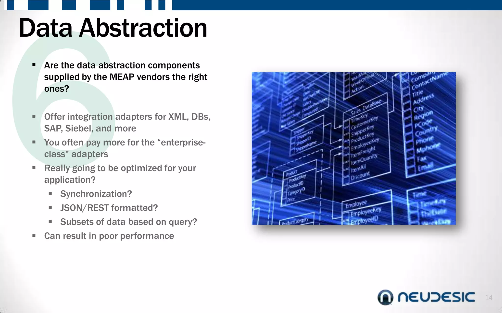 Data Abstraction
  Are the data abstraction components
   supplied by the MEAP vendors the right
   ones?

  Offer integration adapters for XML, DBs,
   SAP, Siebel, and more
  You often pay more for the “enterprise-
   class” adapters
  Really going to be optimized for your
   application?
     Synchronization?
     JSON/REST formatted?
     Subsets of data based on query?
  Can result in poor performance




                                              14
 
