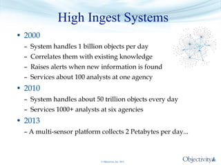 High Ingest Systems
• 2000
– System handles 1 billion objects per day
– Correlates them with existing knowledge
– Raises alerts when new information is found
– Services about 100 analysts at one agency

• 2010
– System handles about 50 trillion objects every day
– Services 1000+ analysts at six agencies

• 2013
– A multi-sensor platform collects 2 Petabytes per day...

© Objectivity, Inc. 2013

 