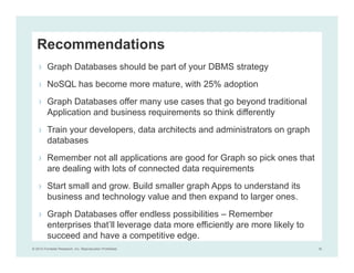 © 2014 Forrester Research, Inc. Reproduction Prohibited 16
Recommendations
› Graph Databases should be part of your DBMS strategy
› NoSQL has become more mature, with 25% adoption
› Graph Databases offer many use cases that go beyond traditional
Application and business requirements so think differently
› Train your developers, data architects and administrators on graph
databases
› Remember not all applications are good for Graph so pick ones that
are dealing with lots of connected data requirements
› Start small and grow. Build smaller graph Apps to understand its
business and technology value and then expand to larger ones.
› Graph Databases offer endless possibilities – Remember
enterprises that’ll leverage data more efficiently are more likely to
succeed and have a competitive edge.
 