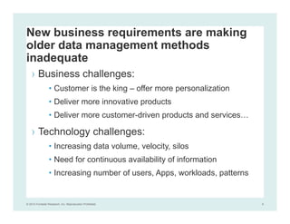 © 2014 Forrester Research, Inc. Reproduction Prohibited 8
New business requirements are making
older data management methods
inadequate
› Business challenges:
• Customer is the king – offer more personalization
• Deliver more innovative products
• Deliver more customer-driven products and services…
› Technology challenges:
• Increasing data volume, velocity, silos
• Need for continuous availability of information
• Increasing number of users, Apps, workloads, patterns
 