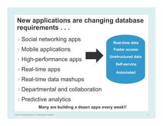 © 2014 Forrester Research, Inc. Reproduction Prohibited 9
› Social networking apps
› Mobile applications
› High-performance apps
› Real-time apps
› Real-time data mashups
› Departmental and collaboration
› Predictive analytics
New applications are changing database
requirements . . .
Real-time data
Unstructured data
Faster access
Self-service
Automated
Many are building a dozen apps every week!!
 