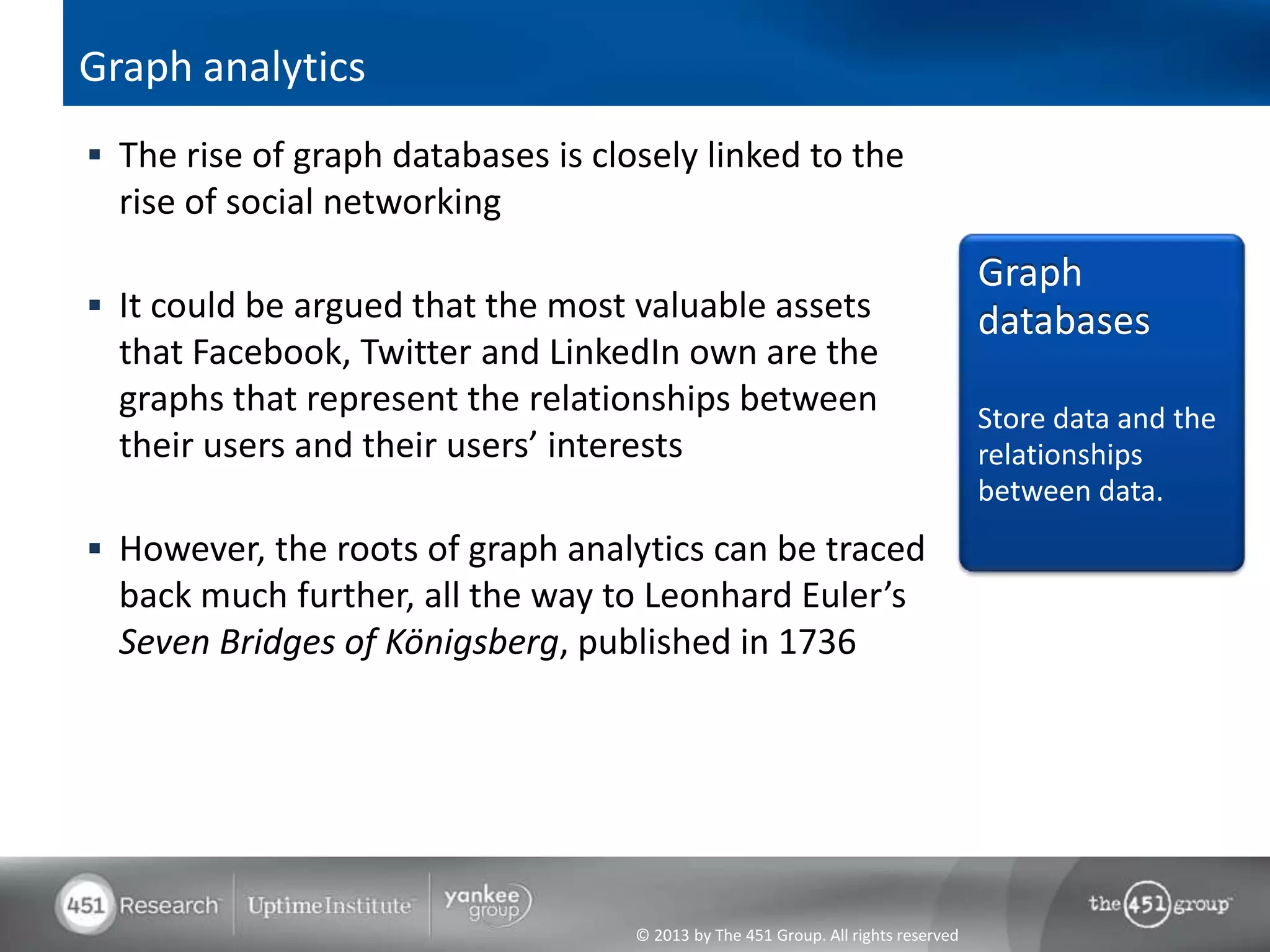 © 2013 by The 451 Group. All rights reserved
Graph analytics
 The rise of graph databases is closely linked to the
rise of social networking
 It could be argued that the most valuable assets
that Facebook, Twitter and LinkedIn own are the
graphs that represent the relationships between
their users and their users’ interests
 However, the roots of graph analytics can be traced
back much further, all the way to Leonhard Euler’s
Seven Bridges of Königsberg, published in 1736
Graph
databases
Store data and the
relationships
between data.
 