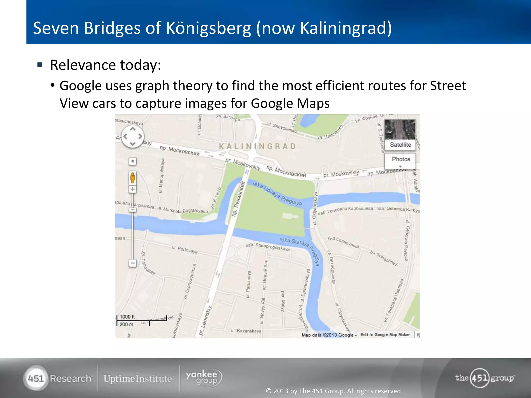 © 2013 by The 451 Group. All rights reserved
Seven Bridges of Königsberg (now Kaliningrad)
 Relevance today:
• Google uses graph theory to find the most efficient routes for Street
View cars to capture images for Google Maps
 