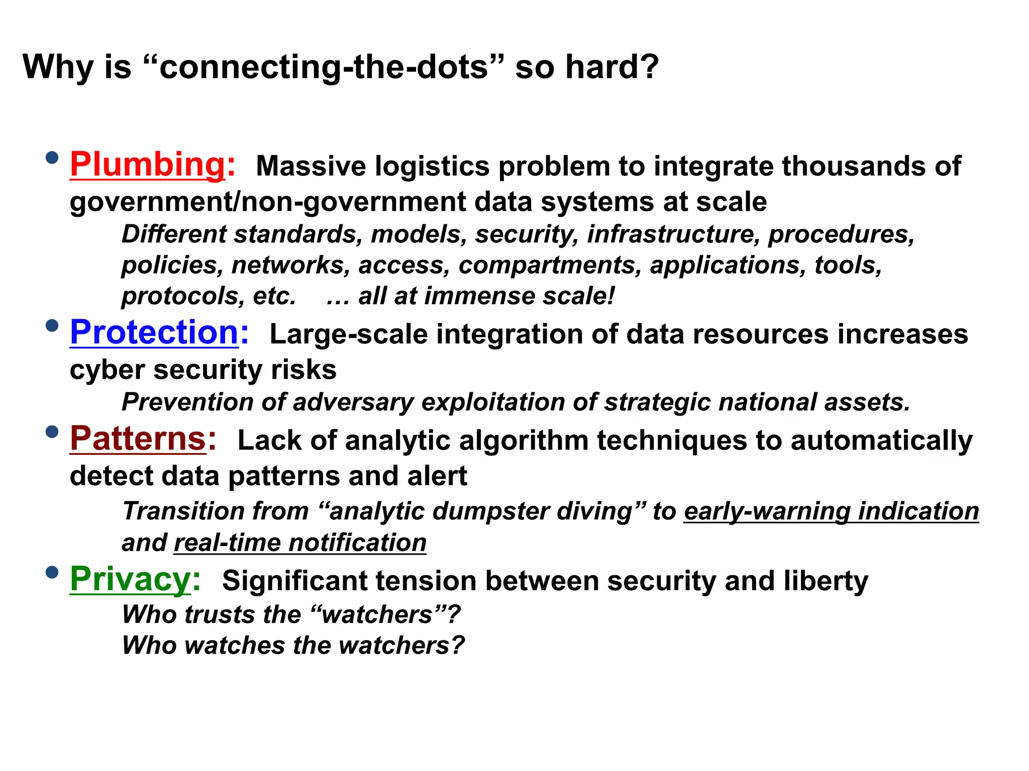 Why is “connecting-the-dots” so hard?
• Plumbing: Massive logistics problem to integrate thousands of
government/non-government data systems at scale
Different standards, models, security, infrastructure, procedures,
policies, networks, access, compartments, applications, tools,
protocols, etc. … all at immense scale!
• Protection: Large-scale integration of data resources increases
cyber security risks
Prevention of adversary exploitation of strategic national assets.
• Patterns: Lack of analytic algorithm techniques to automatically
detect data patterns and alert
Transition from “analytic dumpster diving” to early-warning indication
and real-time notification
• Privacy: Significant tension between security and liberty
Who trusts the “watchers”?
Who watches the watchers?
 