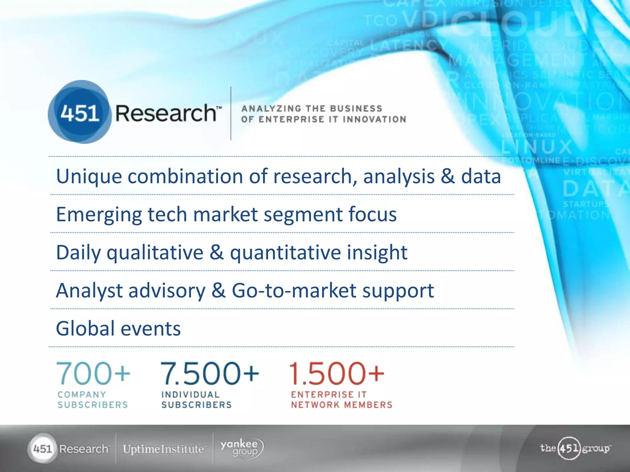 © 2013 by The 451 Group. All rights reserved
Unique combination of research, analysis & data
Emerging tech market segment focus
Daily qualitative & quantitative insight
Analyst advisory & Go-to-market support
Global events
 