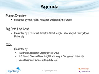 Agenda
Market Overview
• Presented by Matt Aslett, Research Director at 451 Group
Big Data Use Case
• Presented by J.C. Smart, Director Global Insight Laboratory at Georgetown
University
Q&A
• Presented by
• Matt Aslett, Research Director at 451 Group
• J.C. Smart, Director Global Insight Laboratory at Georgetown University
• Leon Guzenda, Founder at Objectivty, Inc.
© Objectivity Inc 2013
 