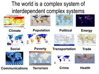 The world is a complex system of
interdependent complex systems
Climate Population Political Energy
Social Poverty Transportation Trade
Communications Terrorism Crime Health
 