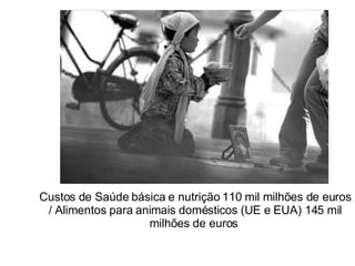 Custos de Saúde básica e nutrição 110 mil milhões de euros / Alimentos para animais domésticos (UE e EUA) 145 mil milhões de euros  