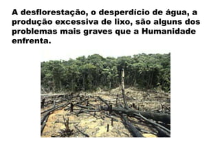 A desflorestação, o desperdício de água, a
produção excessiva de lixo, são alguns dos
problemas mais graves que a Humanidade
enfrenta.
 
