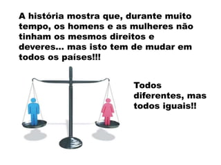 A história mostra que, durante muito
tempo, os homens e as mulheres não
tinham os mesmos direitos e
deveres… mas isto tem de mudar em
todos os países!!!
Todos
diferentes, mas
todos iguais!!
 